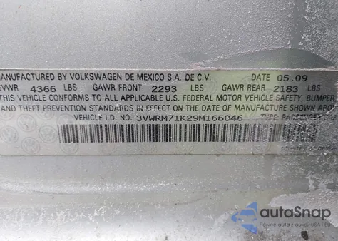 2009 Volkswagen Jetta Se из США, поврежденный, VIN 3VWRM71K29M166046